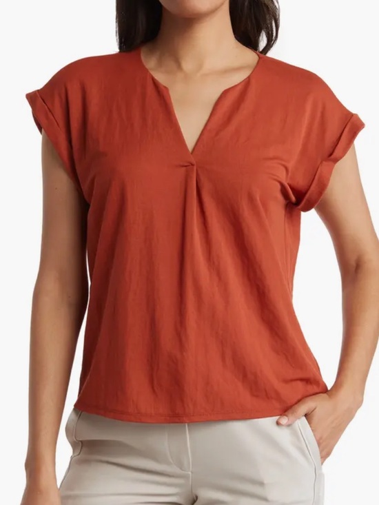 bobeau Tops - bobeau Rust Short-Sleeve Split V-Neck Top